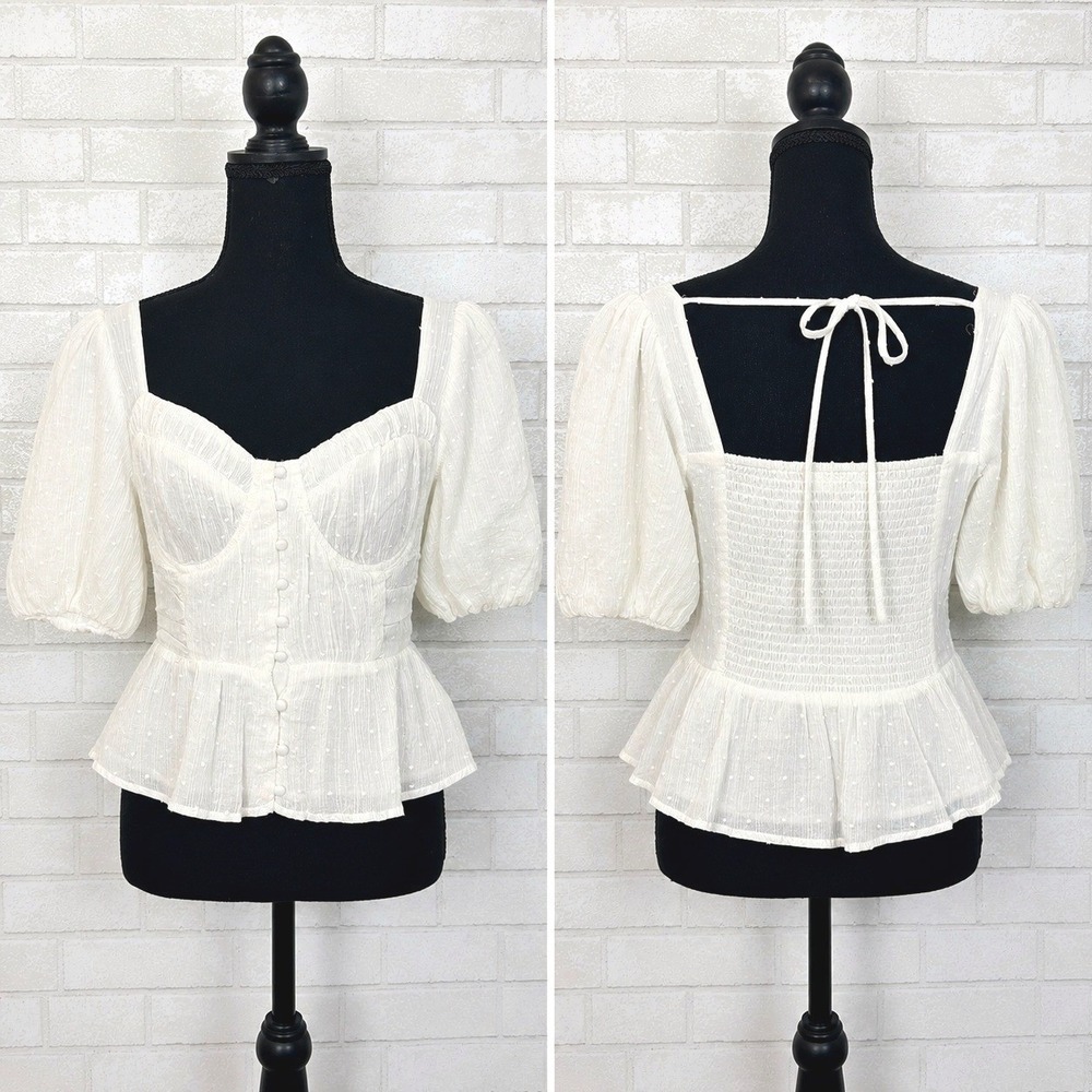 ASTR Corset Peplum Puff Sleeve Top Large Swiss Dot Coquette Renaissance Milkmaid - Picture 4 of 13